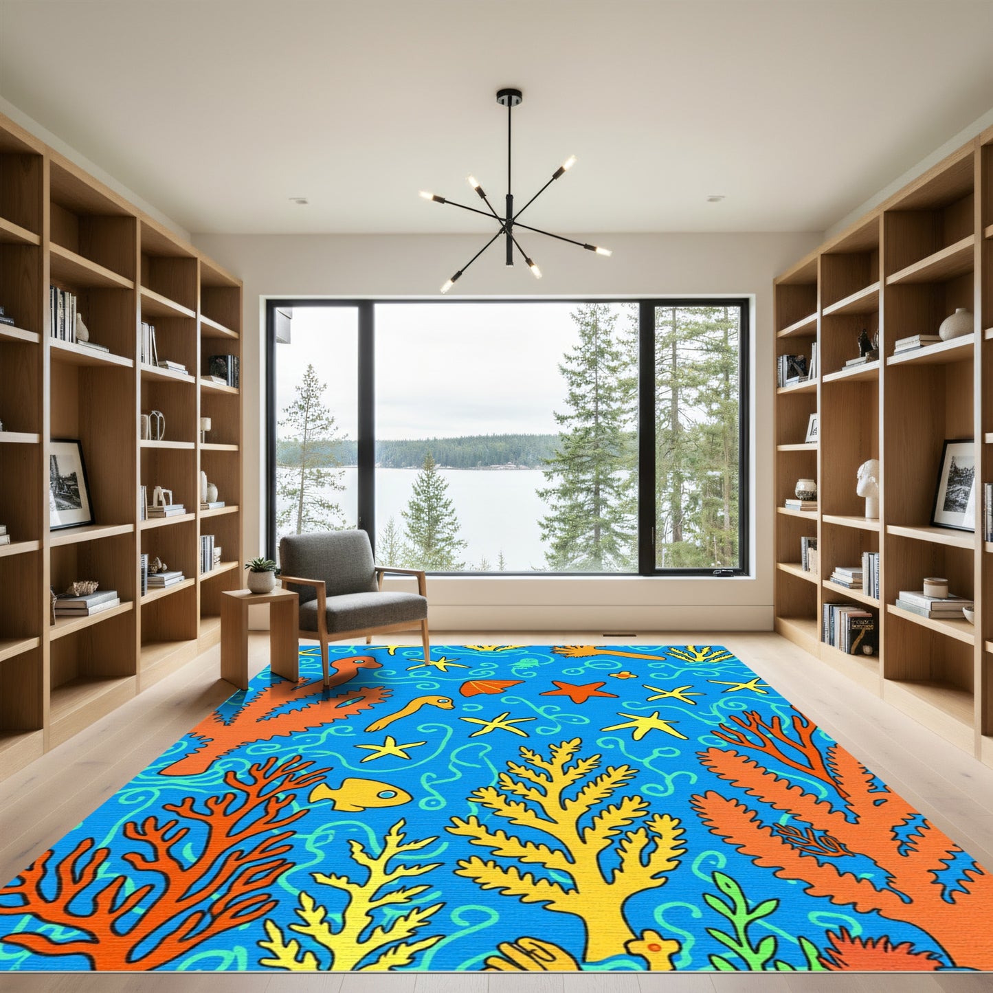 Bright Orange Yellow Coral Aquatic Life Rug