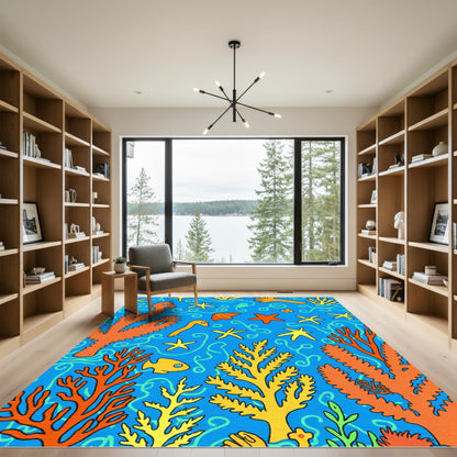 Bright Orange Yellow Coral Aquatic Life Rug