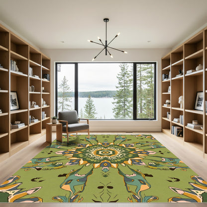 Olive Green Abstract Floral Mandala Rug