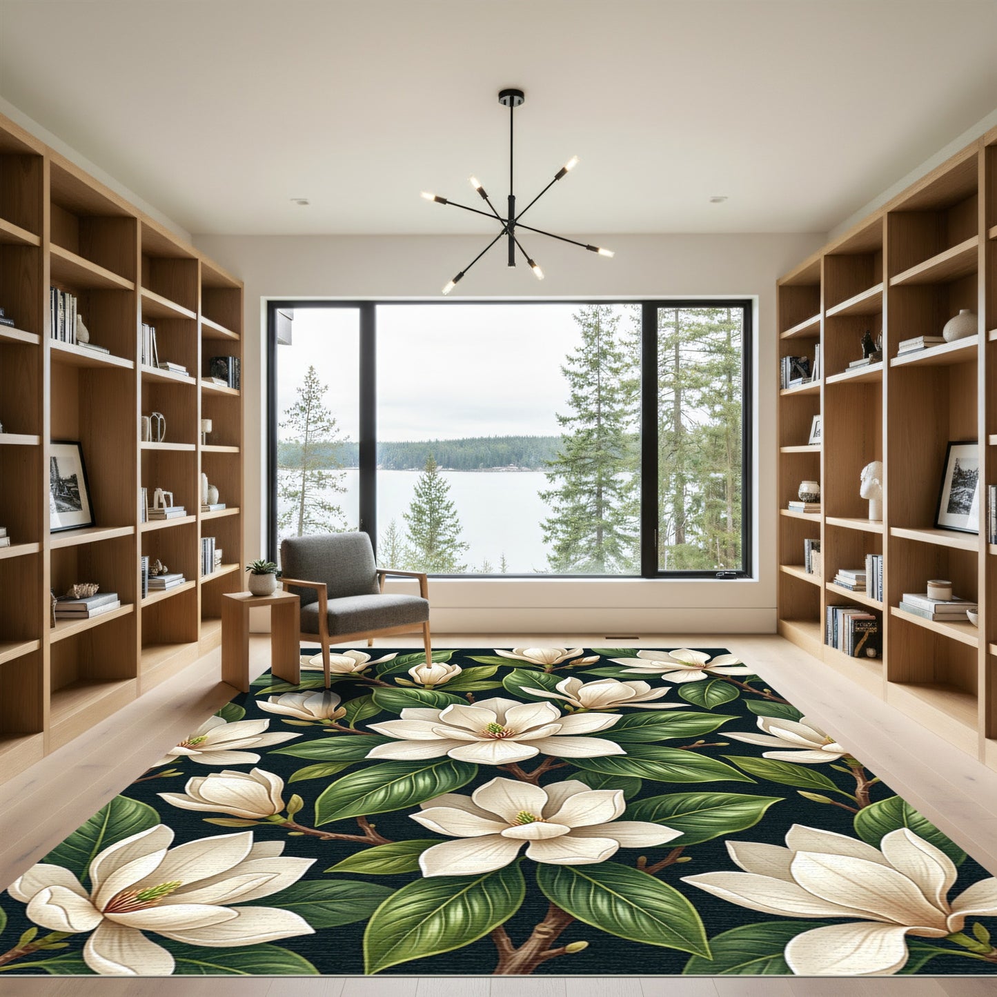 Cream Magnolia Floral Branches Dark Rug