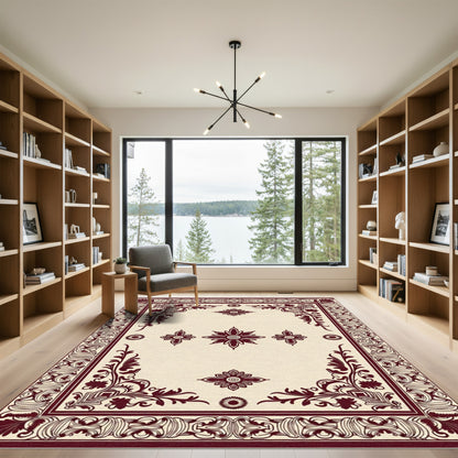 Cream Burgundy Floral Medallion Border Rug