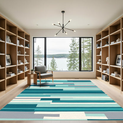 Teal Gray And Cream Stripe Layout Rug