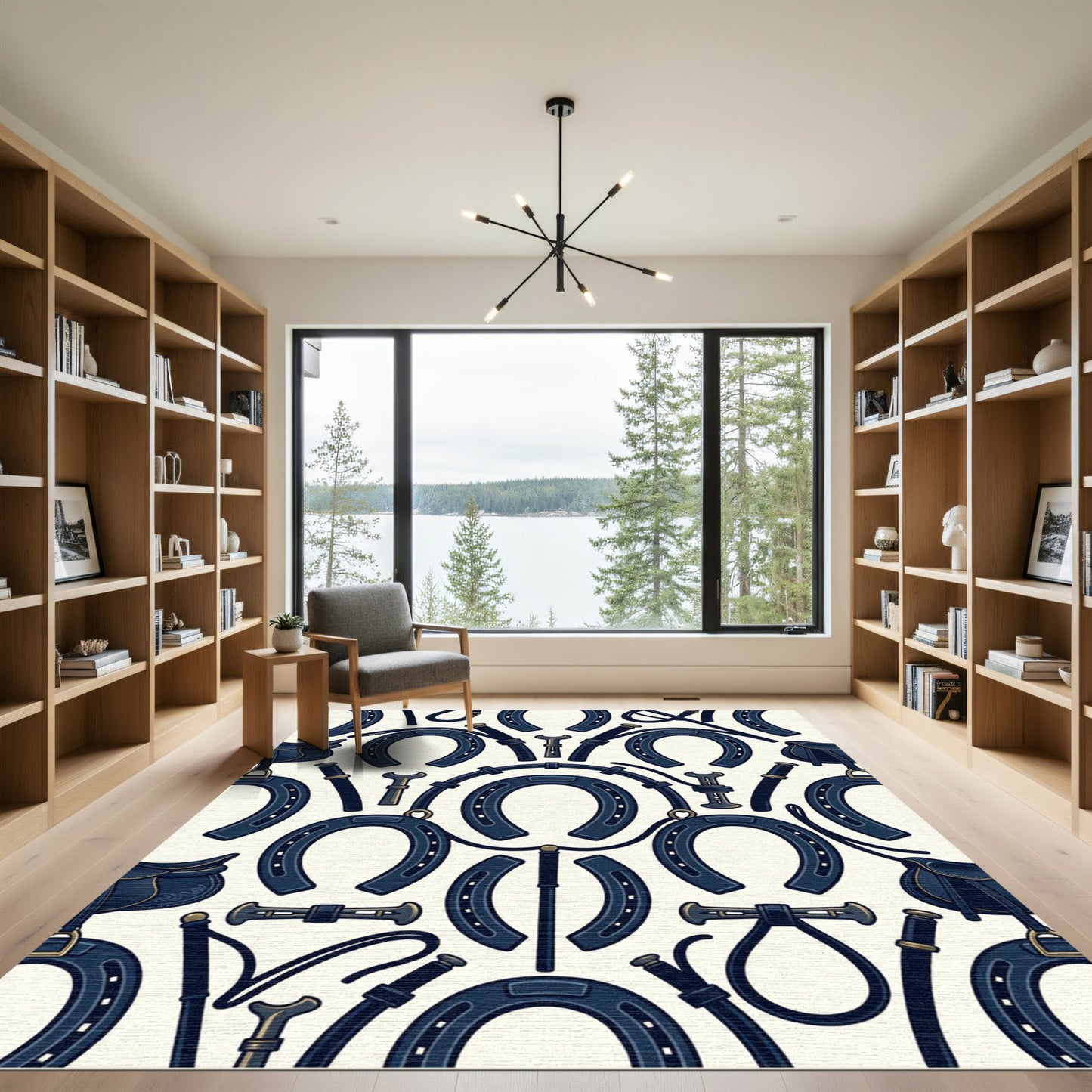 Navy Equestrian Horseshoe and Saddle Art Rug