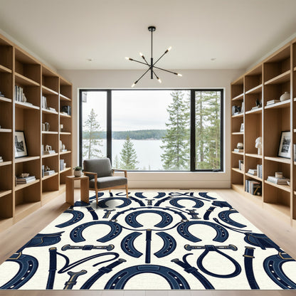 Navy Equestrian Horseshoe and Saddle Art Rug