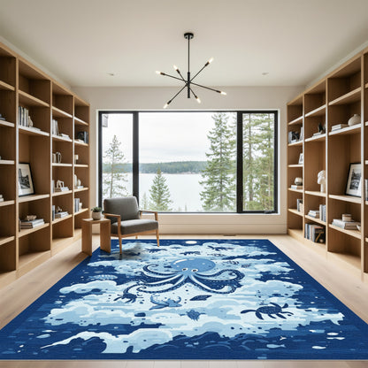 Whimsical Blue Undersea Octopus Turtles Rug