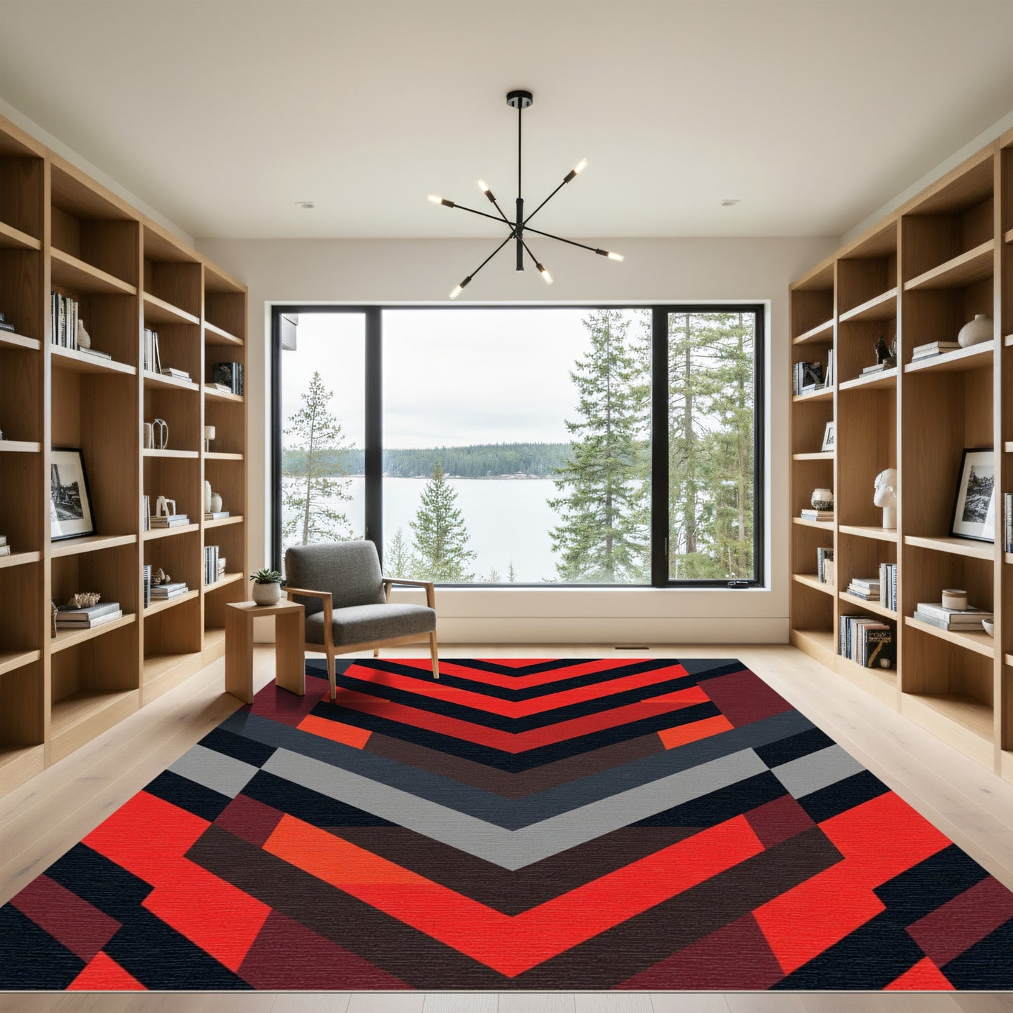 Bold Red Black Geometric Chevron Rug