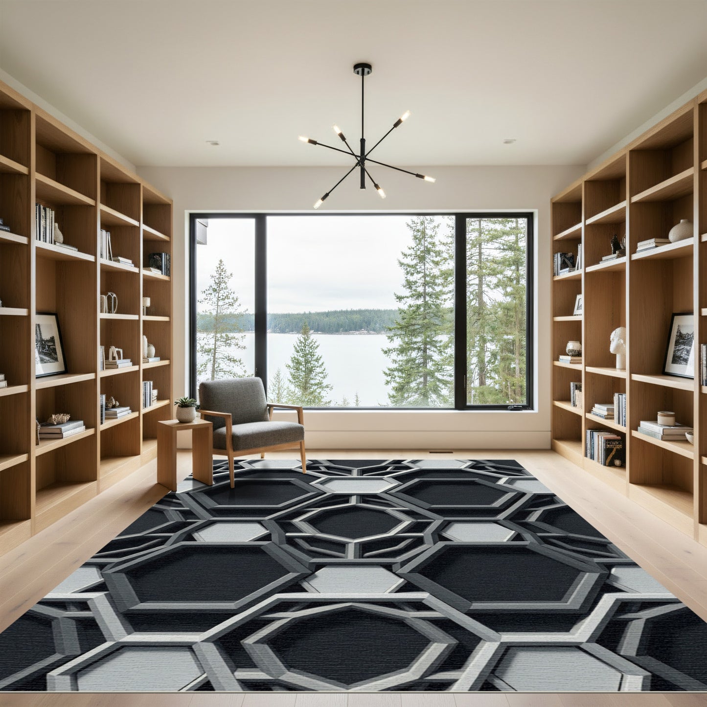 Sophisticated Monochrome Geometric Hexagon Structure Rug