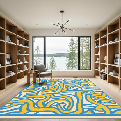 Bold Blue Yellow Abstract Swirl Rug