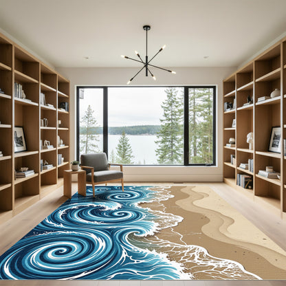 Coastal Blue Swirling Ocean Wave Rug