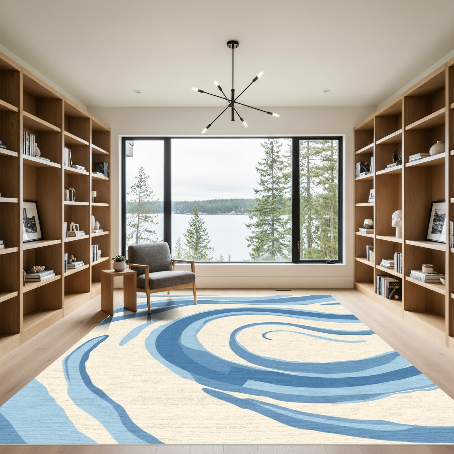Cream Blue Swirl Abstract Shape Rug