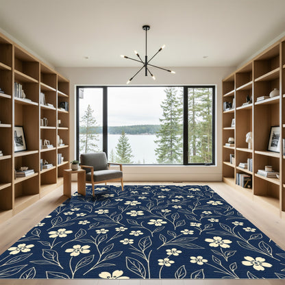 Cream Floral Vine Navy Background Rug