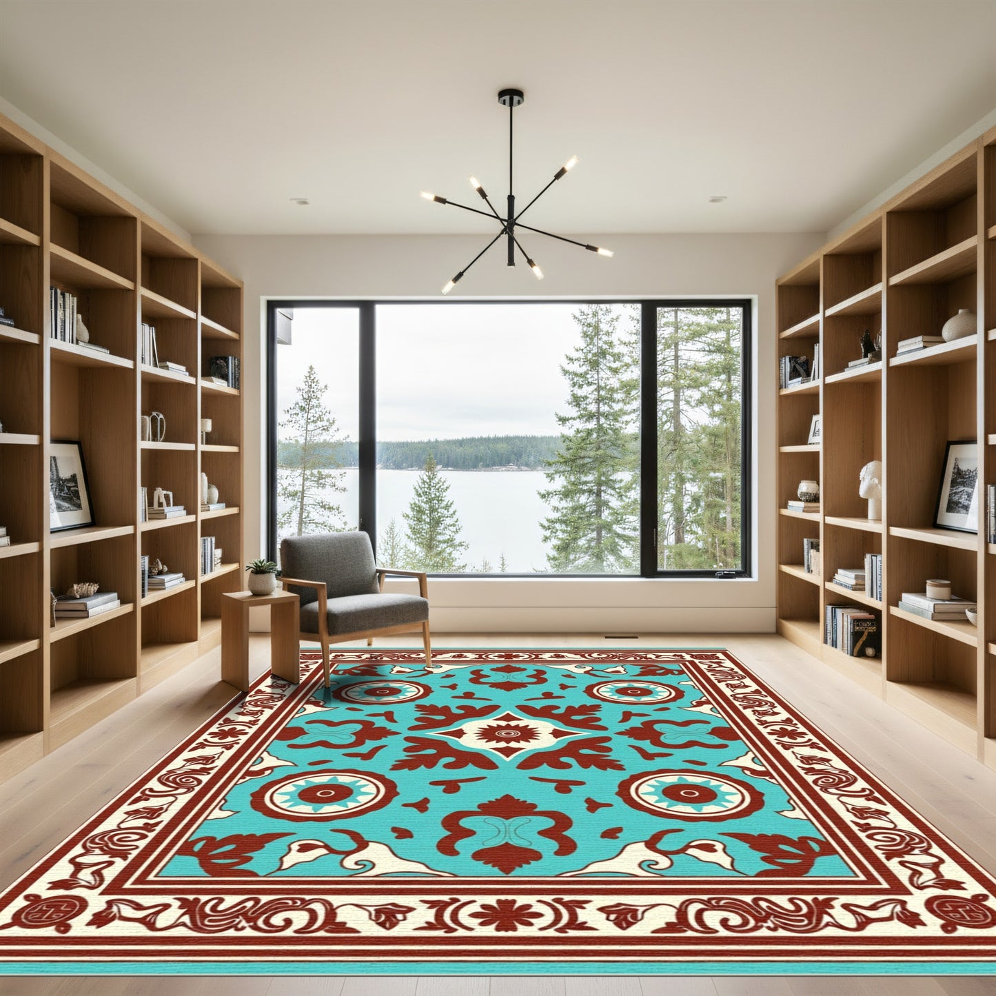 Turquoise Red Floral Medallion Border Rug