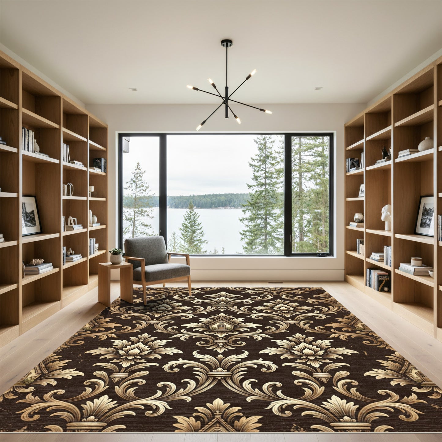 Brown and Gold Damask Floral Scroll Rug