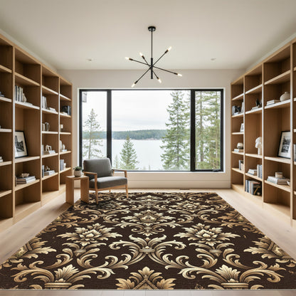 Brown and Gold Damask Floral Scroll Rug