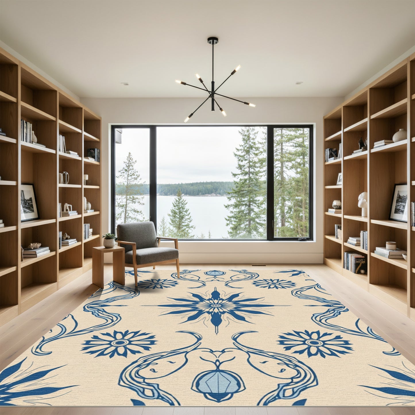 Royal Blue Floral Sunburst Cream Rug