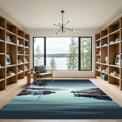 Serene Misty Fjord Harbor Landscape Rug