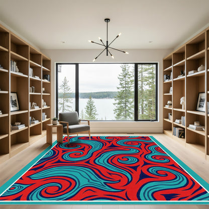 Crimson Turquoise Swirl Abstract Rug