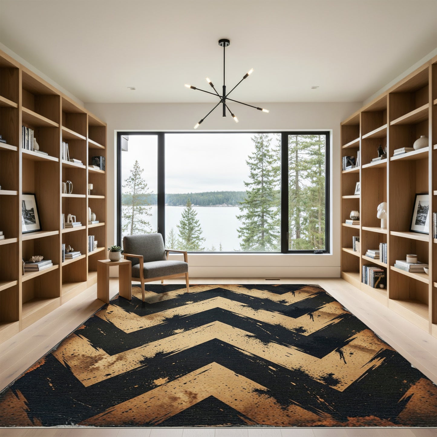 Distressed Golden Black Chevron Stripe Rug