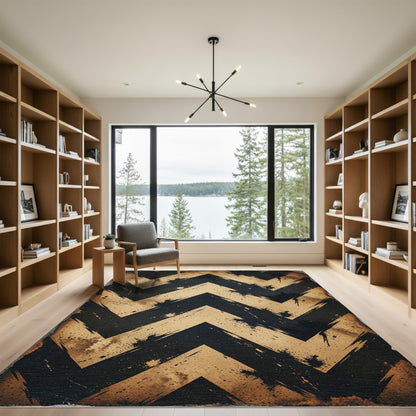 Distressed Golden Black Chevron Stripe Rug