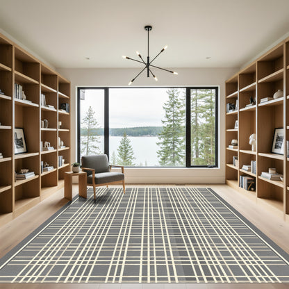 Gray and Cream Checked Grid Rug
