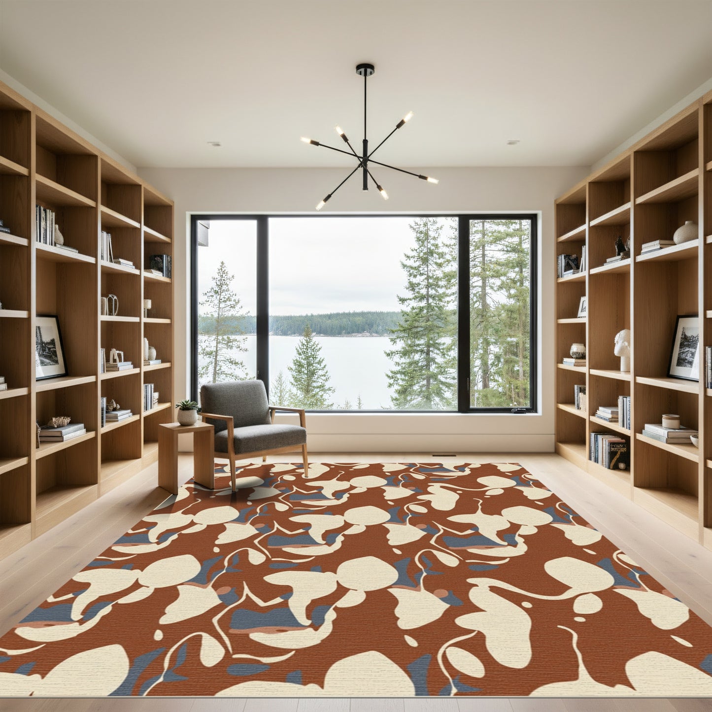 Abstract Ochre Cream Blue Floral Swirls Rug