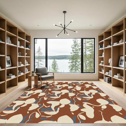 Abstract Ochre Cream Blue Floral Swirls Rug