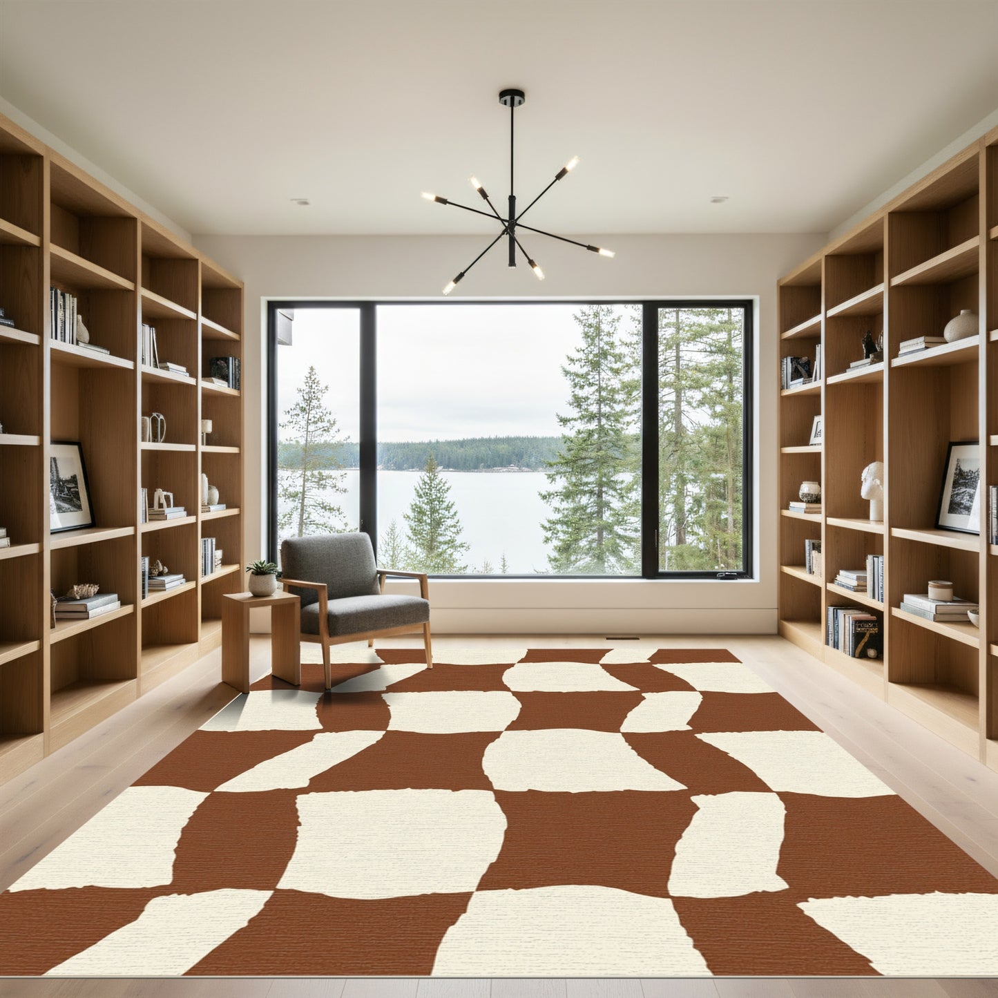 Brown Cream Wavy Checkered Squares Rug