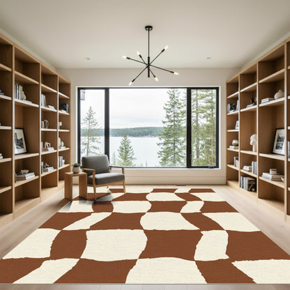 Brown Cream Wavy Checkered Squares Rug