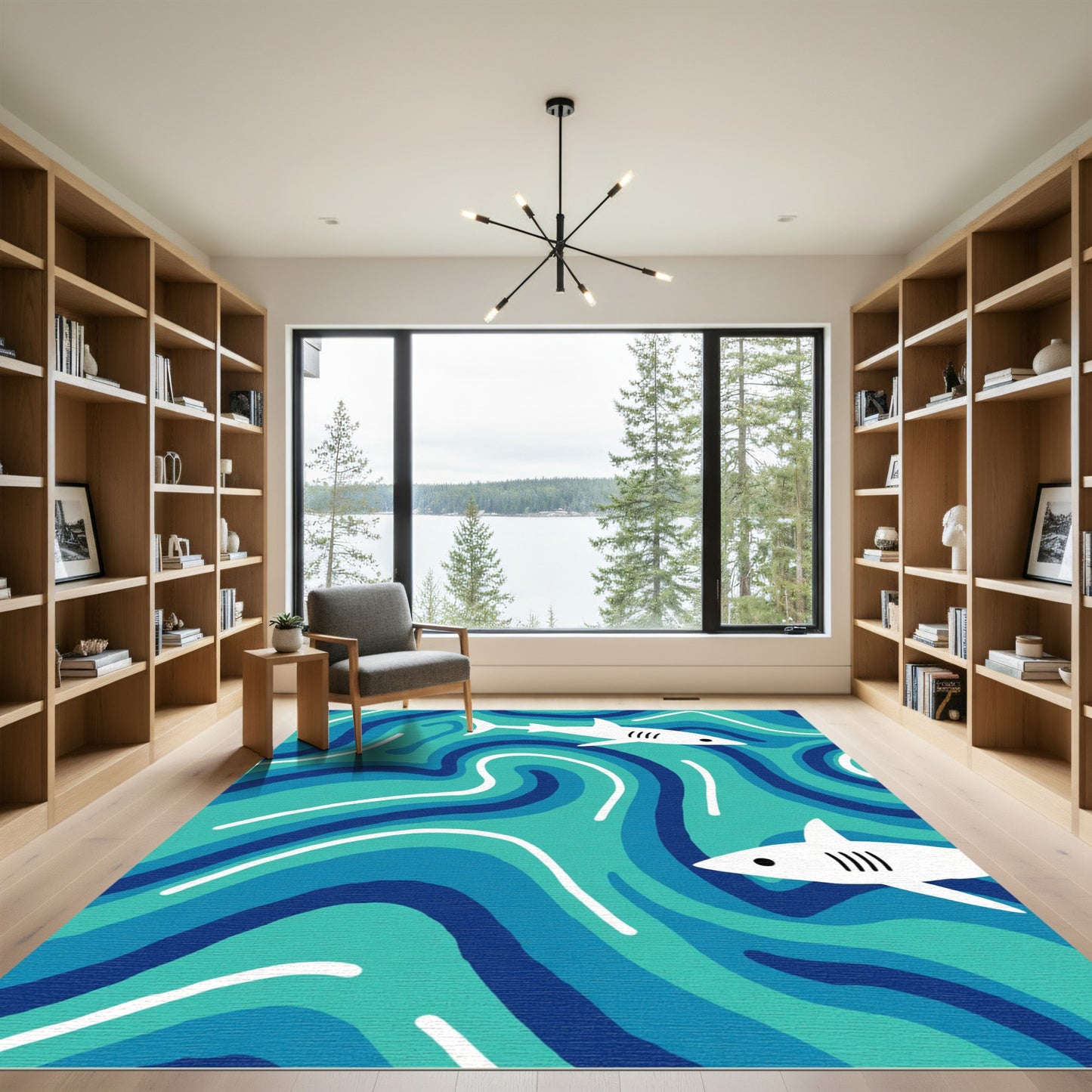 White Sharks Through Blue Waves Rug