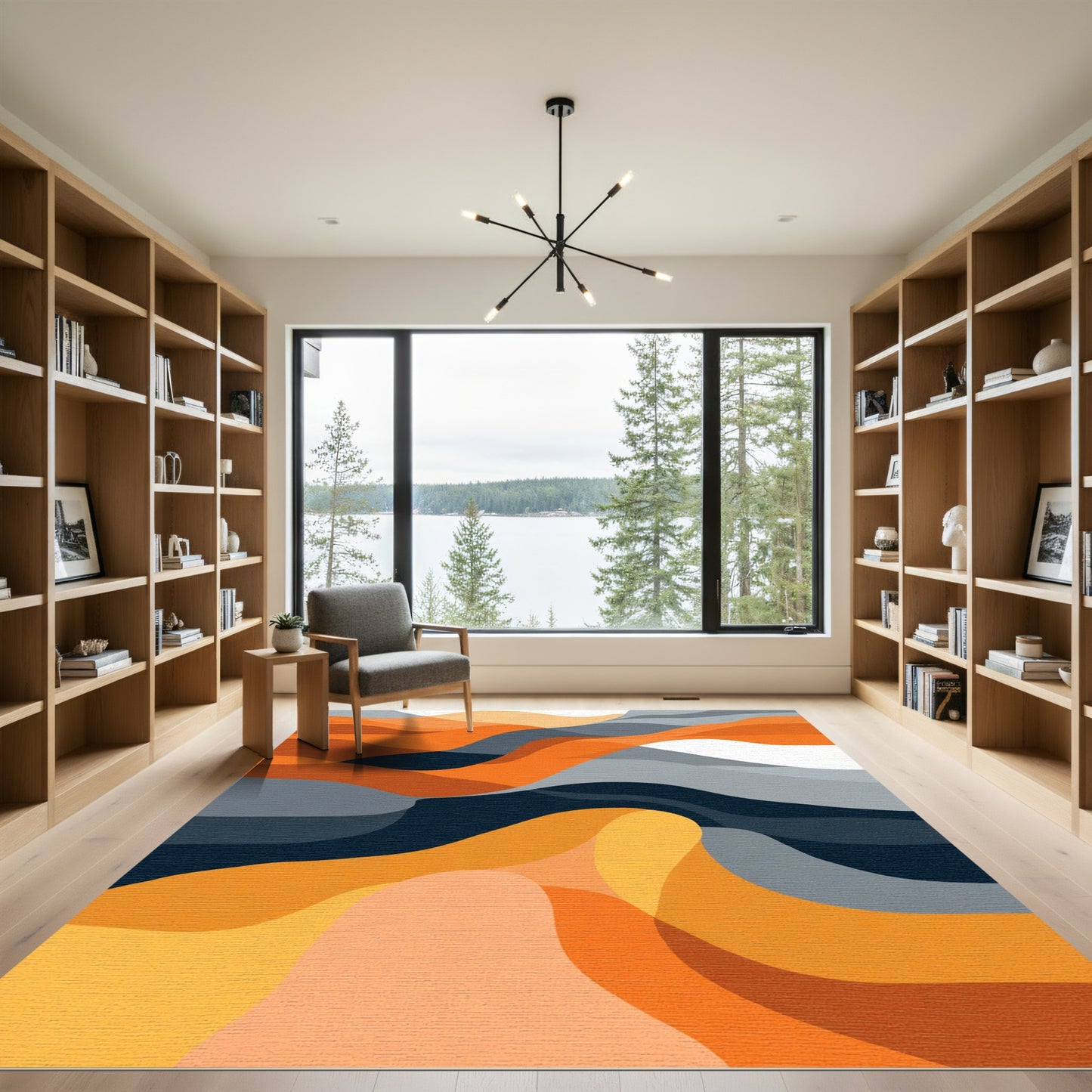 Contemporary Orange Gray Wave Landscape Rug