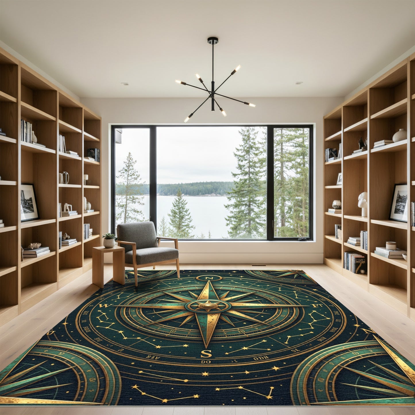 Celestial Emerald Gold Compass Navigation Rug