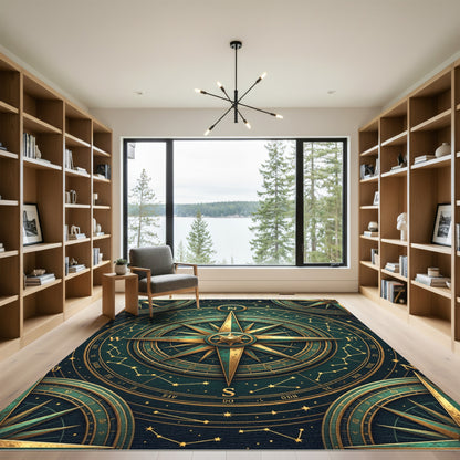 Celestial Emerald Gold Compass Navigation Rug