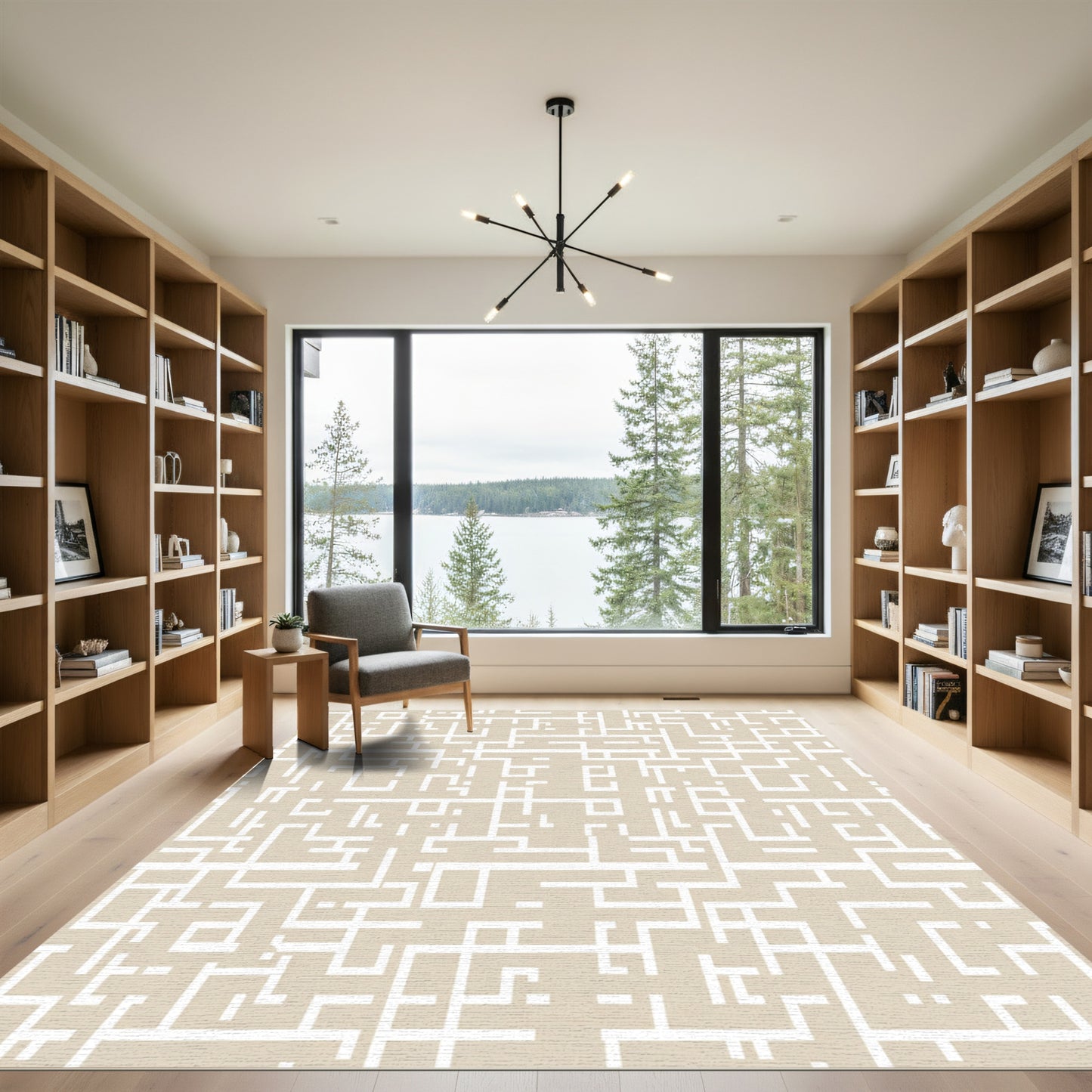 Geometric Beige Maze Lines Rug