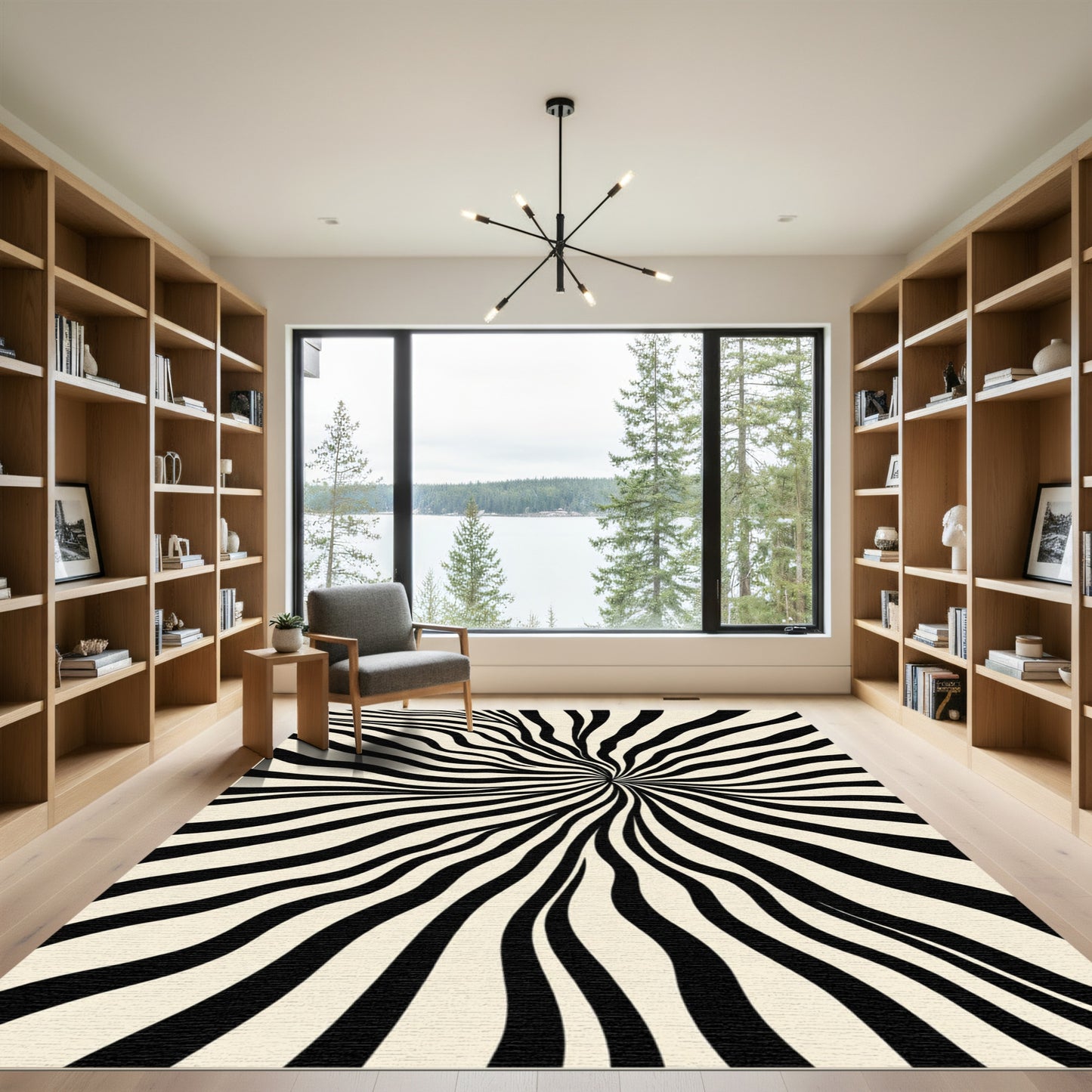 Black Cream Distorted Stripe Burst Rug