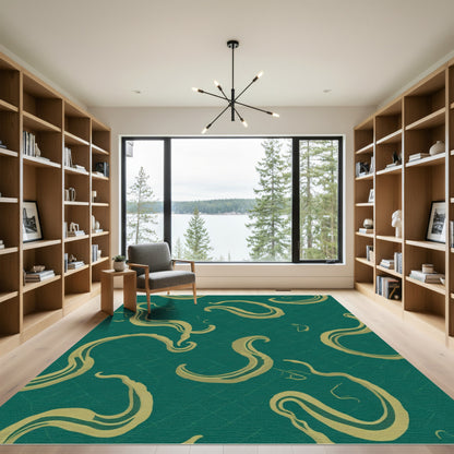 Emerald Gold Swirling Ornate Ribbons Rug