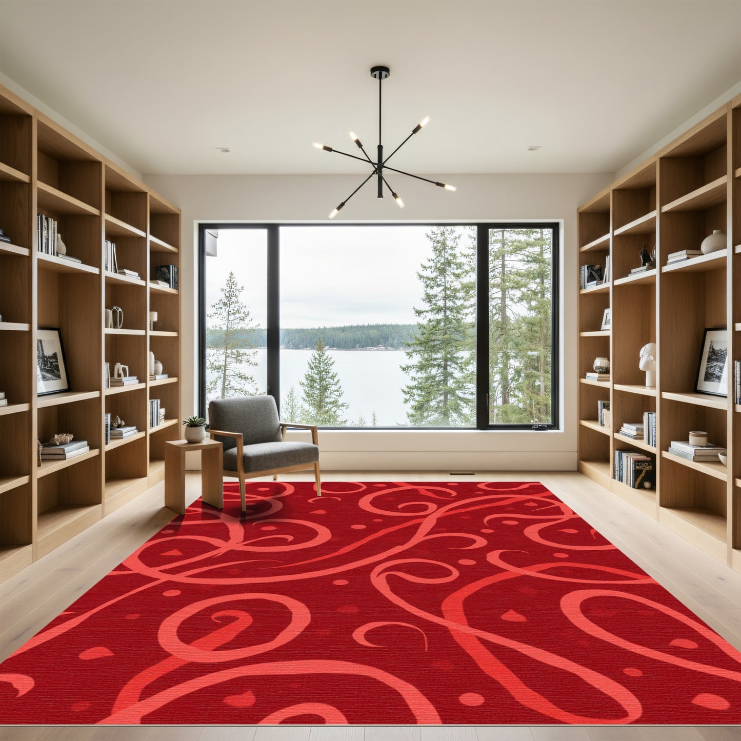 Crimson Swirls and Dots Composition Rug