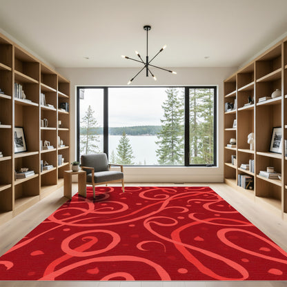 Crimson Swirls and Dots Composition Rug