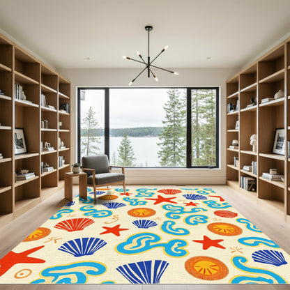Nautical Red Blue Shell Starfish Pattern Rug