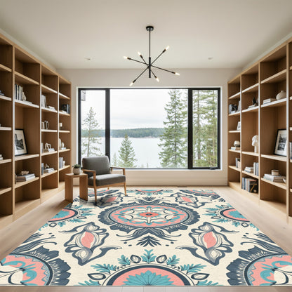 Coral Teal Indigo Medallion Floral Rug