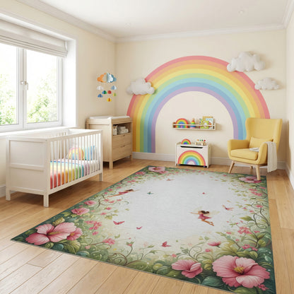 Whimsical Pink Fairy Butterflies Floral Rug