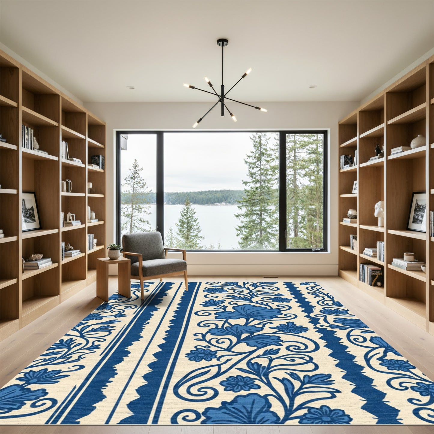 Blue Floral Scroll Swirl Medallion Rug