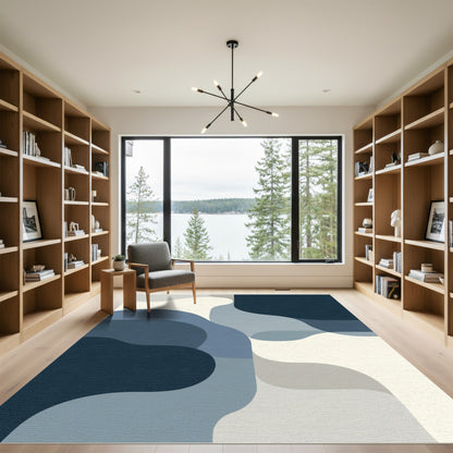Deep Blue Abstract Wavy Curves Rug