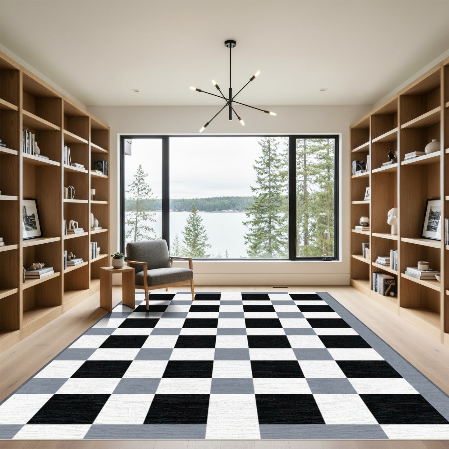 Classic Black White Gray Checkered Rug