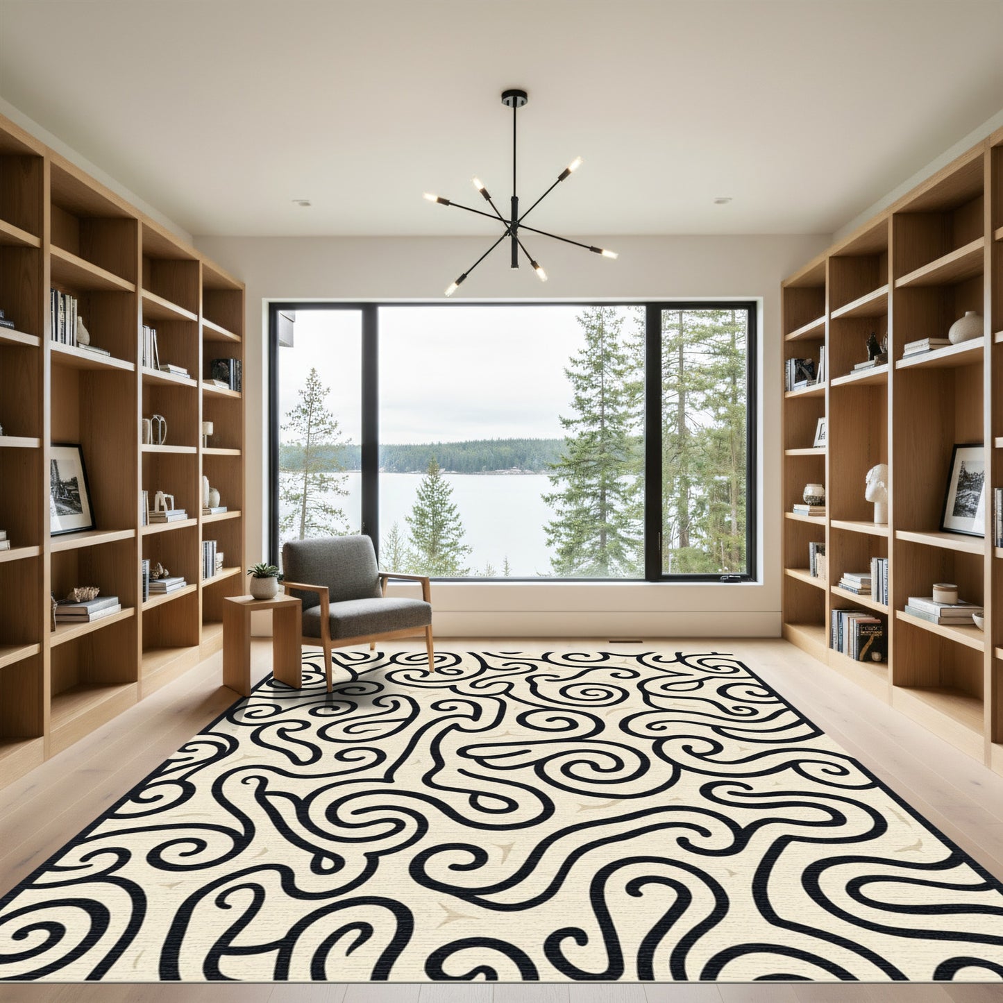Creamy Black Swirl Abstract Flowing Rug