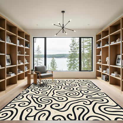 Creamy Black Swirl Abstract Flowing Rug