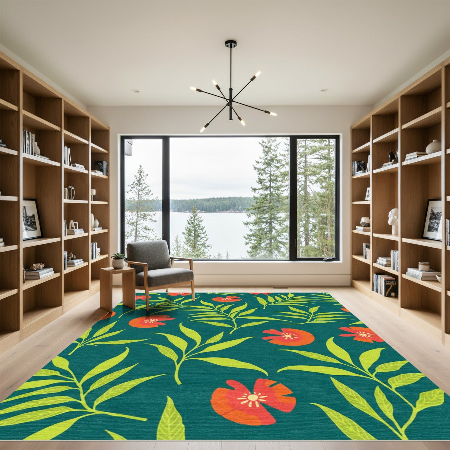 Vibrant Scarlet Bloom Leafy Collage Rug