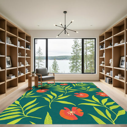 Vibrant Scarlet Bloom Leafy Collage Rug