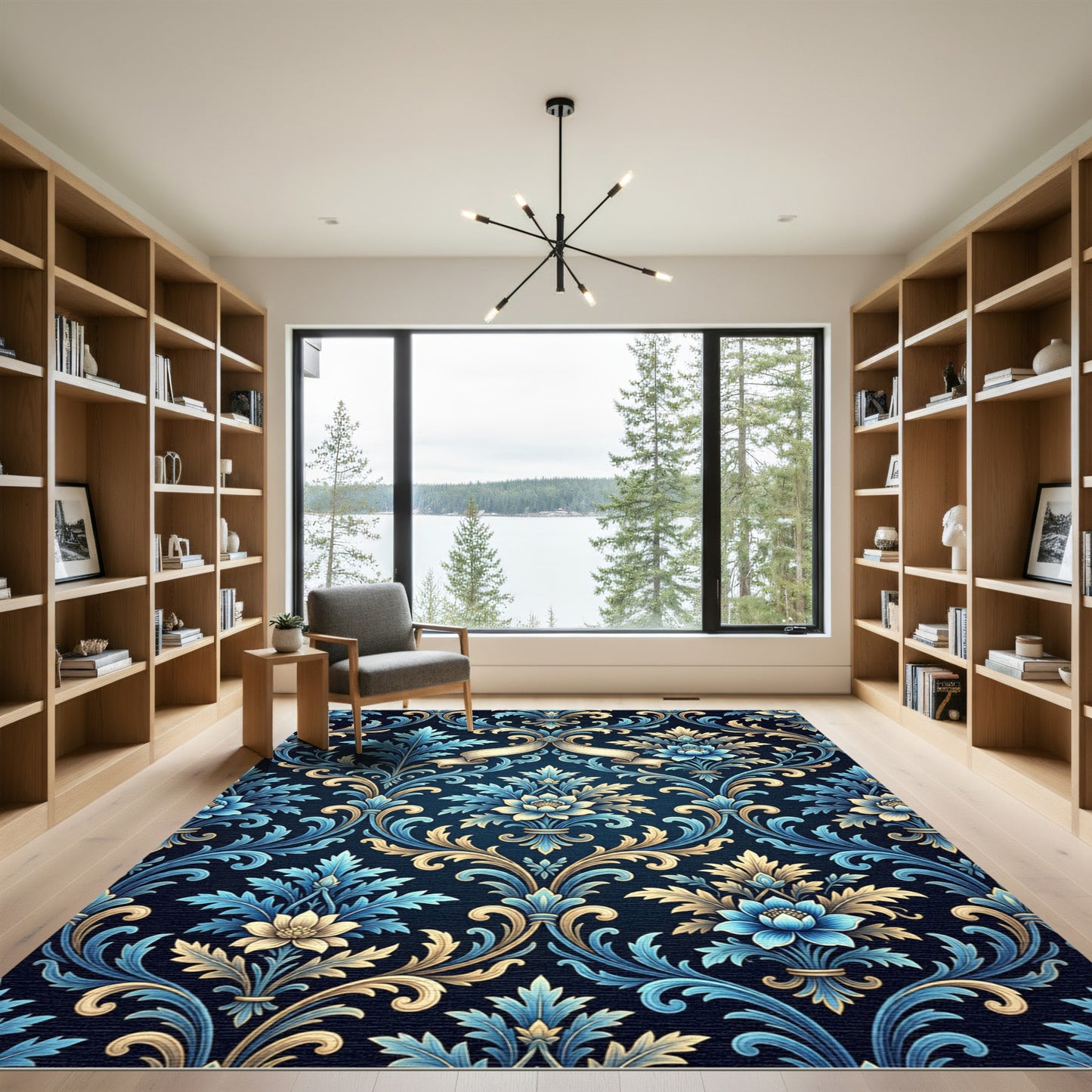 Ornate Blue and Gold Floral Damask Rug