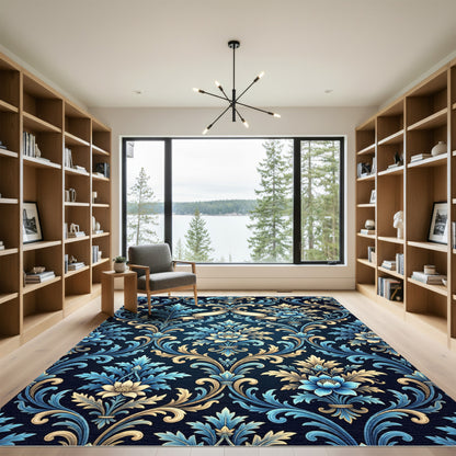 Ornate Blue and Gold Floral Damask Rug