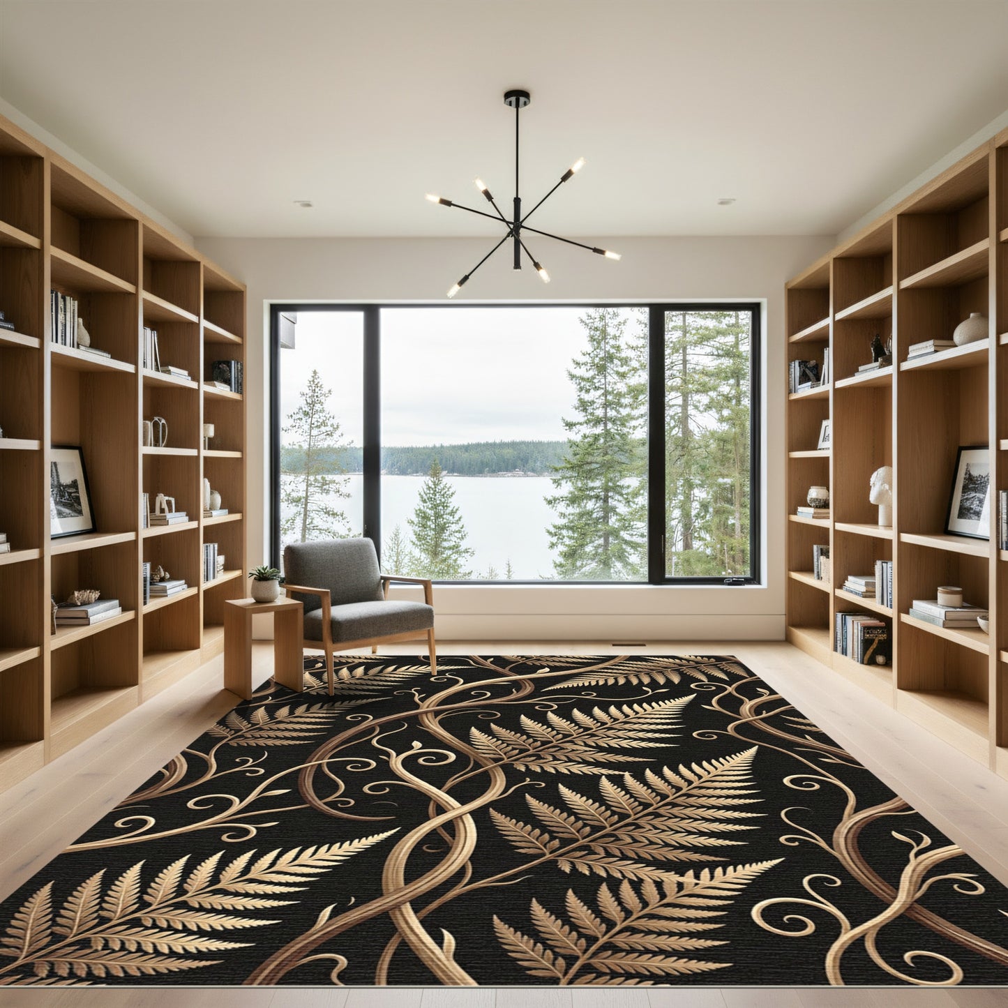 Golden Fern Foliage Swirls Rug